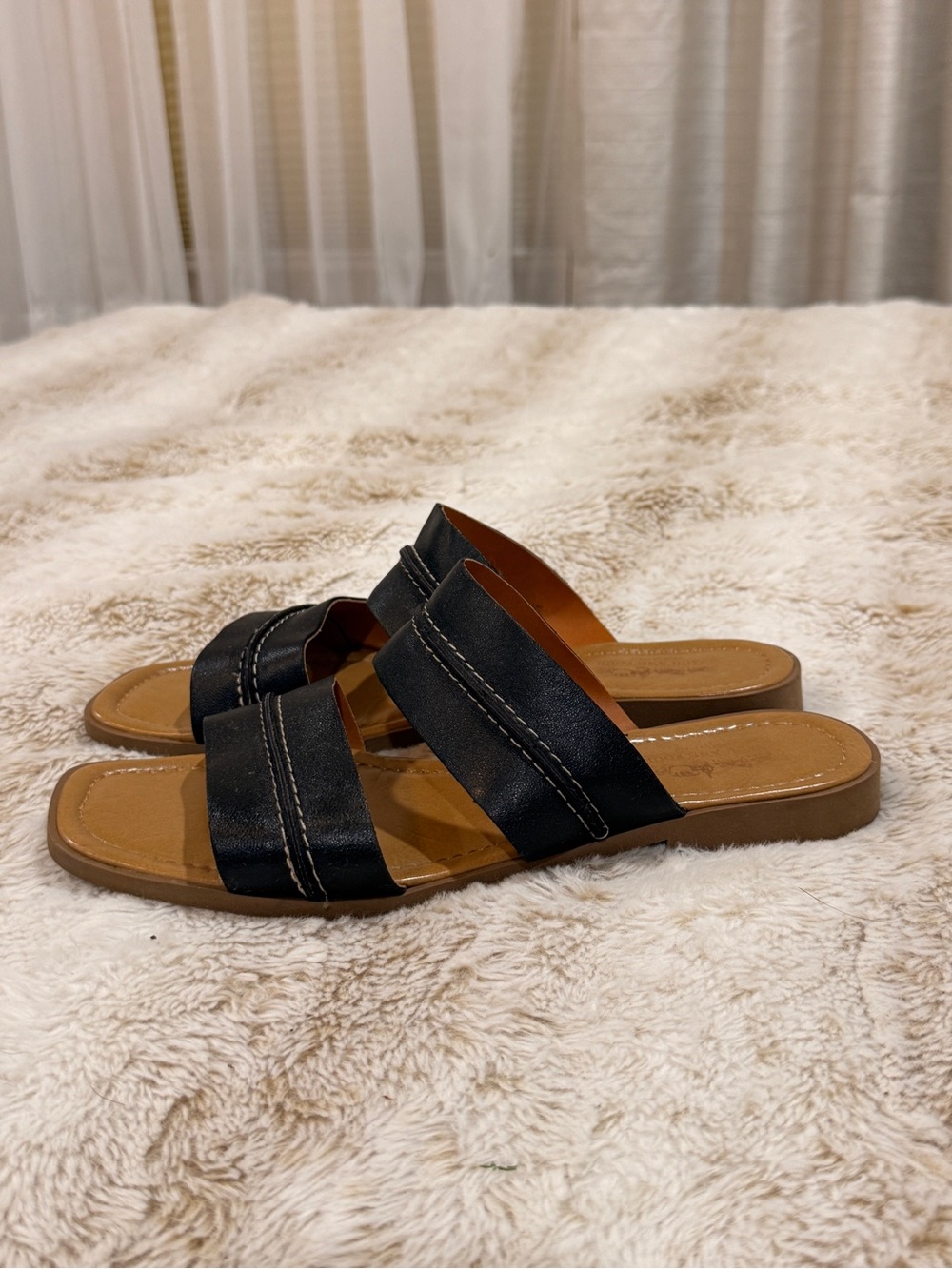 Coach and Four Black Double-Strap Slide Sandals with Tan Footbed